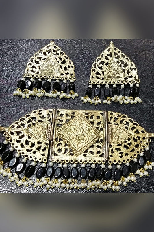 Black Beads Gold Choker & Earring Set (CH-43)