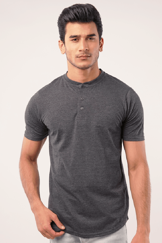 Grey Short Sleeve Henley T-Shirt