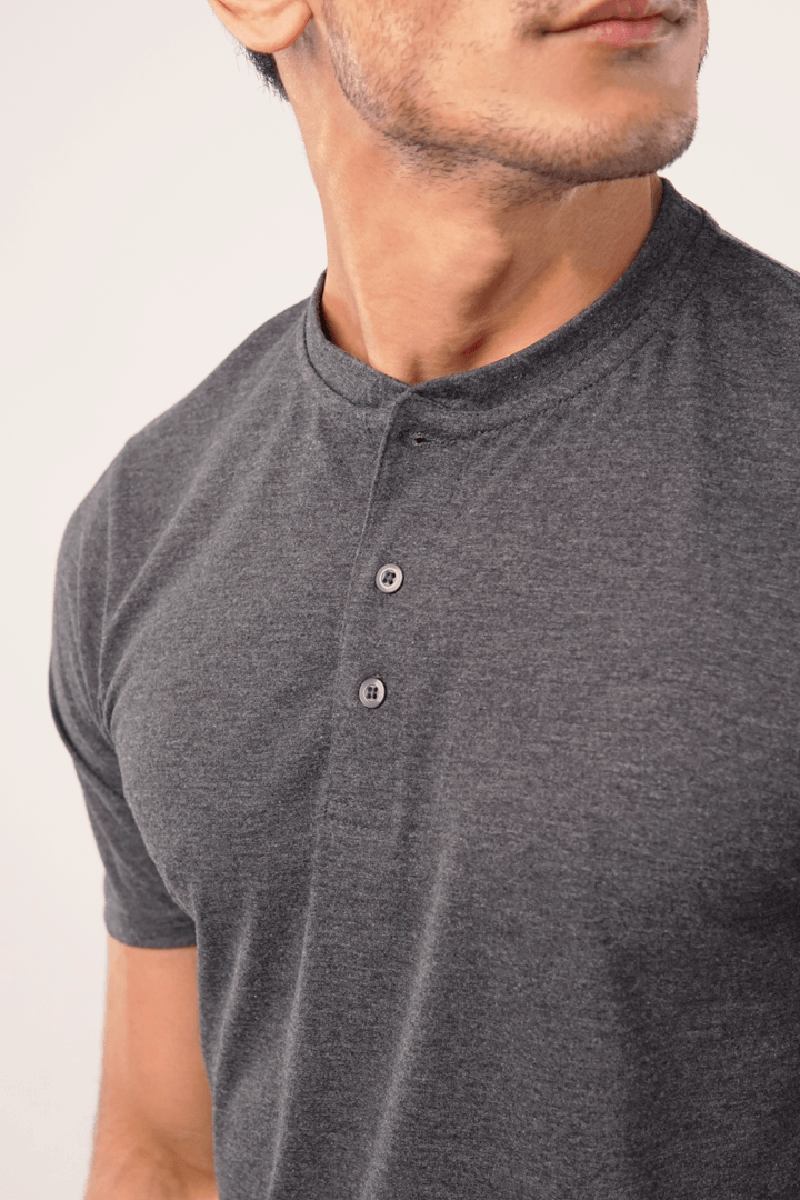 Grey Short Sleeve Henley T-Shirt