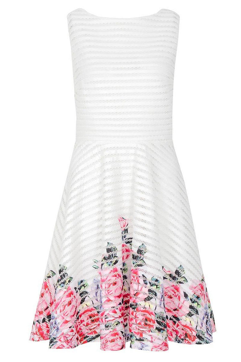 Cream And Pink Flower Print Hem Skater Dress