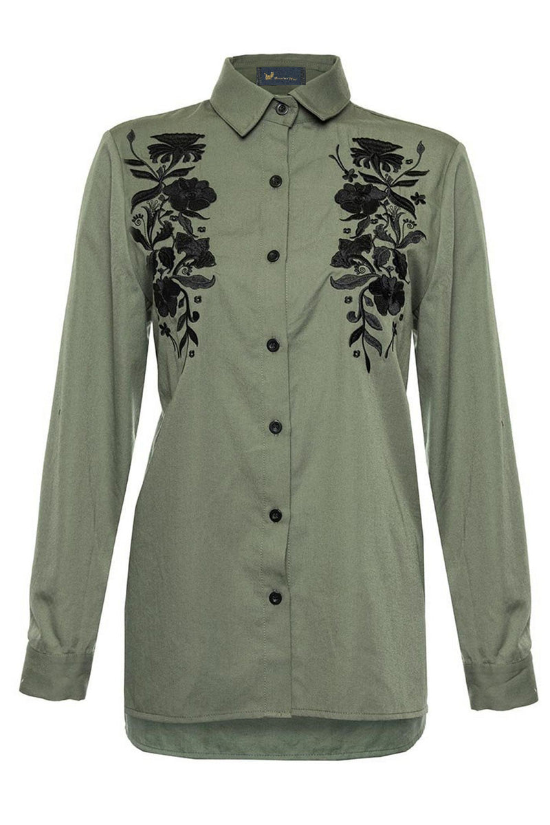 Khaki and Black Floral Embroidered Shirt