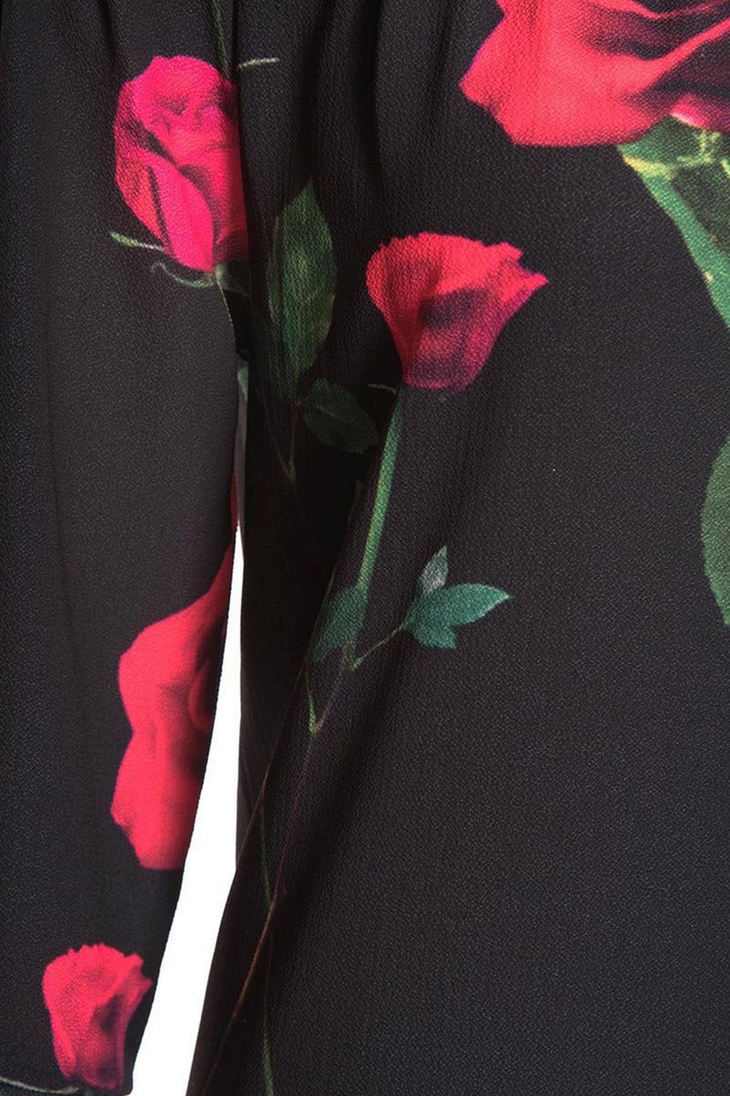 Black and Red Rose Print Bardot Tunic Dress