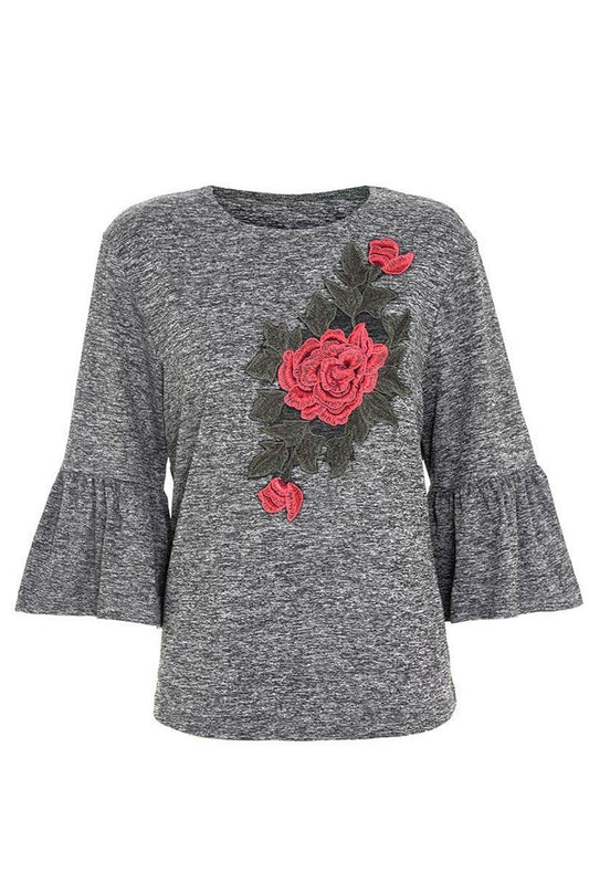 Grey and Red Embroidered Frill Sleeve Top