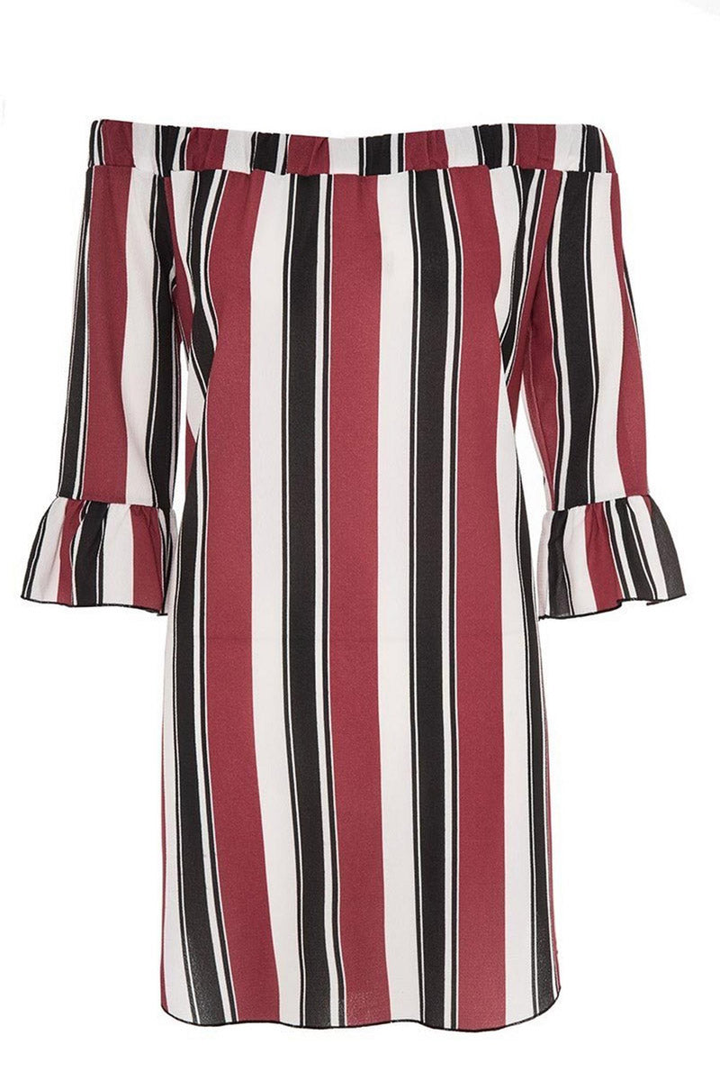 Wine Cream and Black Stripe Bardot Tunic Dress