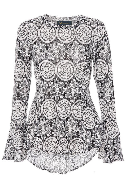 Black and White Lace Print Flute Sleeve Top