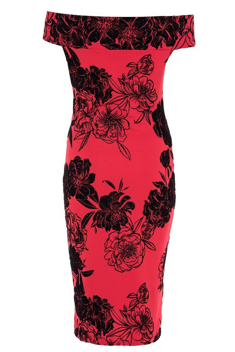 Red Glitter Flock Floral Print Bardot Midi Dress