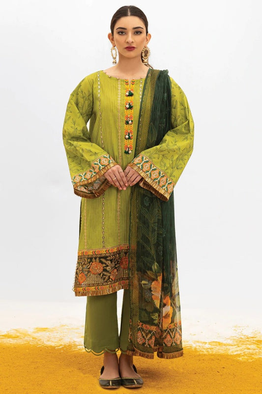 Unstitched 3 Piece Embroidered Lawn Shirt, Dyed Textured Pant and Chiffon Dupatta