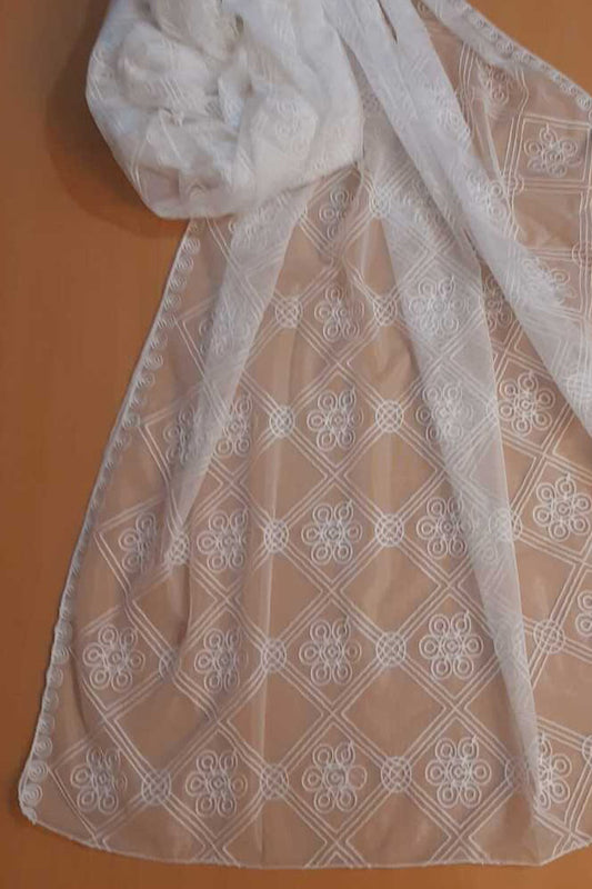Embroided Net Dupatta - Large - White - ZD819