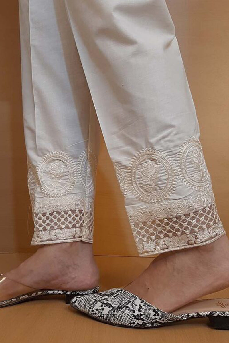 Embroided Trouser Pant  - Cotton - Off-White - ZT151