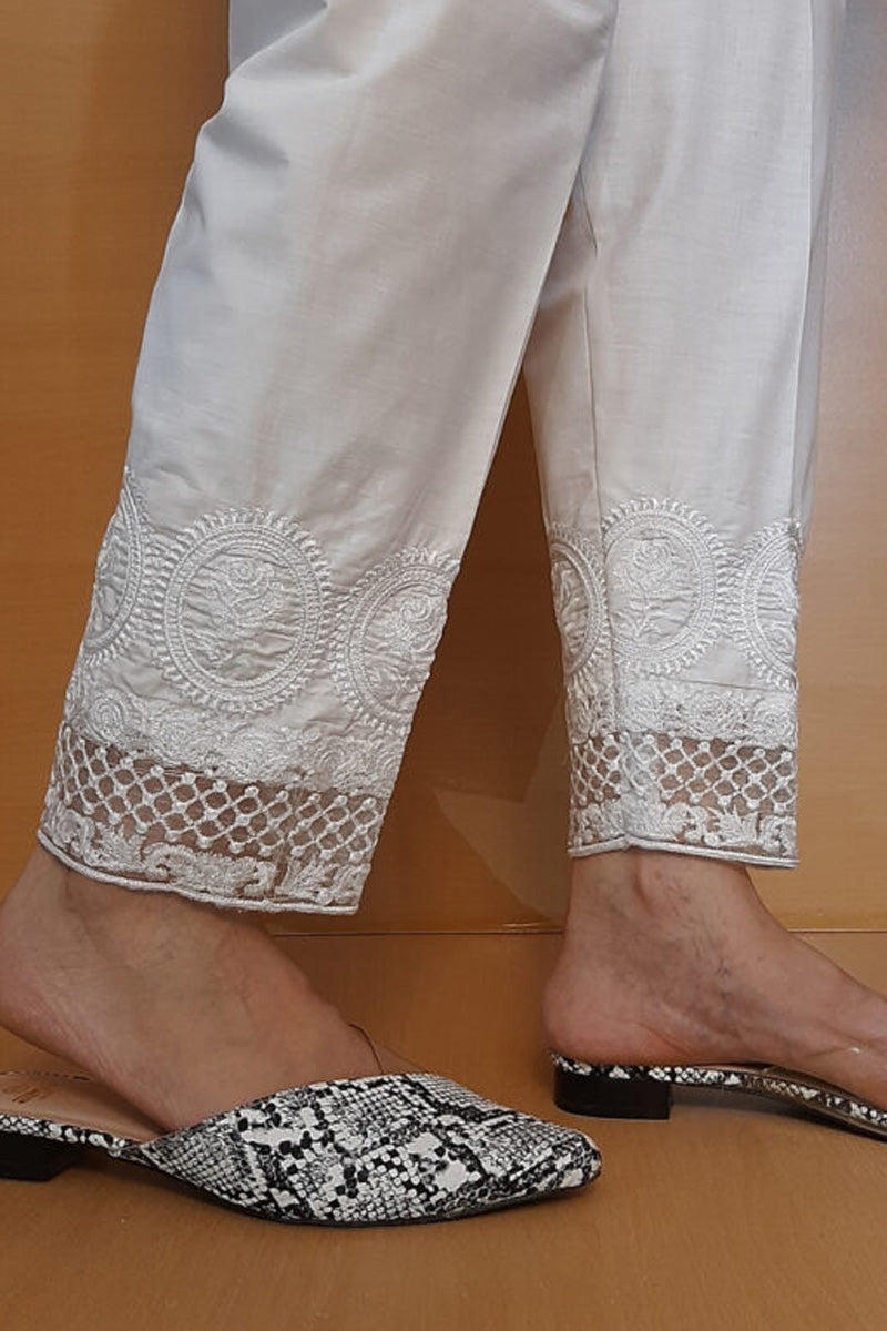 Embroided Trouser Pant  - Cotton - White - ZT151