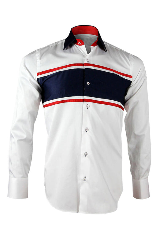 Men’s White And Navy Stripe Print Regular Fit Formal Shirt