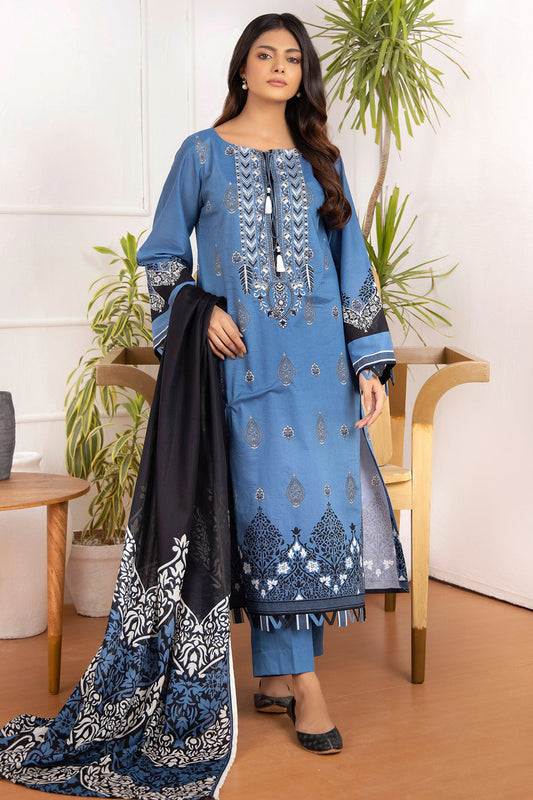 Unstitched 3 Piece Embroidered Lawn Shirt And Net Lawn Dupatta