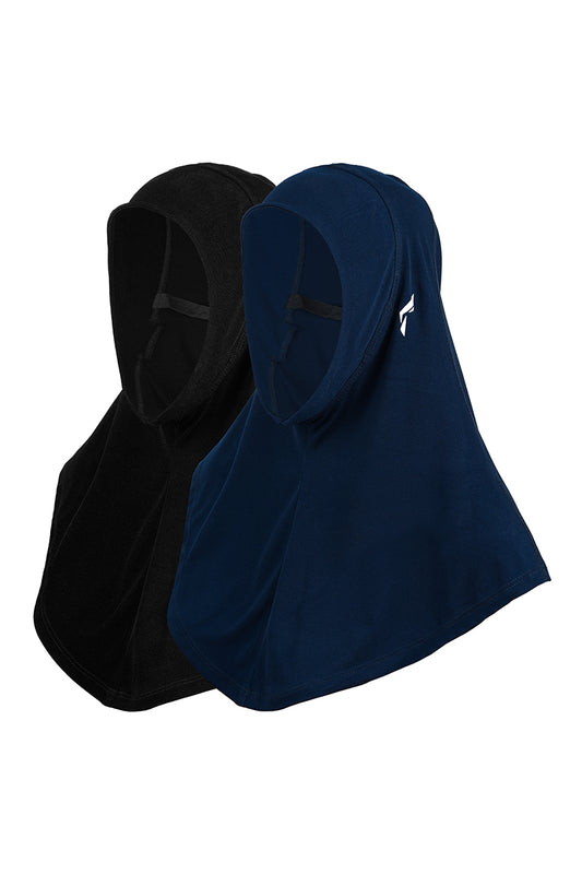 Flush Women's Pro Hijab Scarf Dri Fit Full Head Cover for Yoga, Running, Workout and Everyday Wear Black & Navy Blue (Pack of 2)