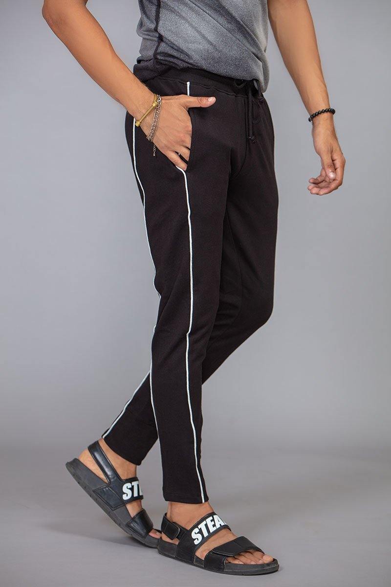 Black and grey relaxed joggers with piping - BuyZilla.pk