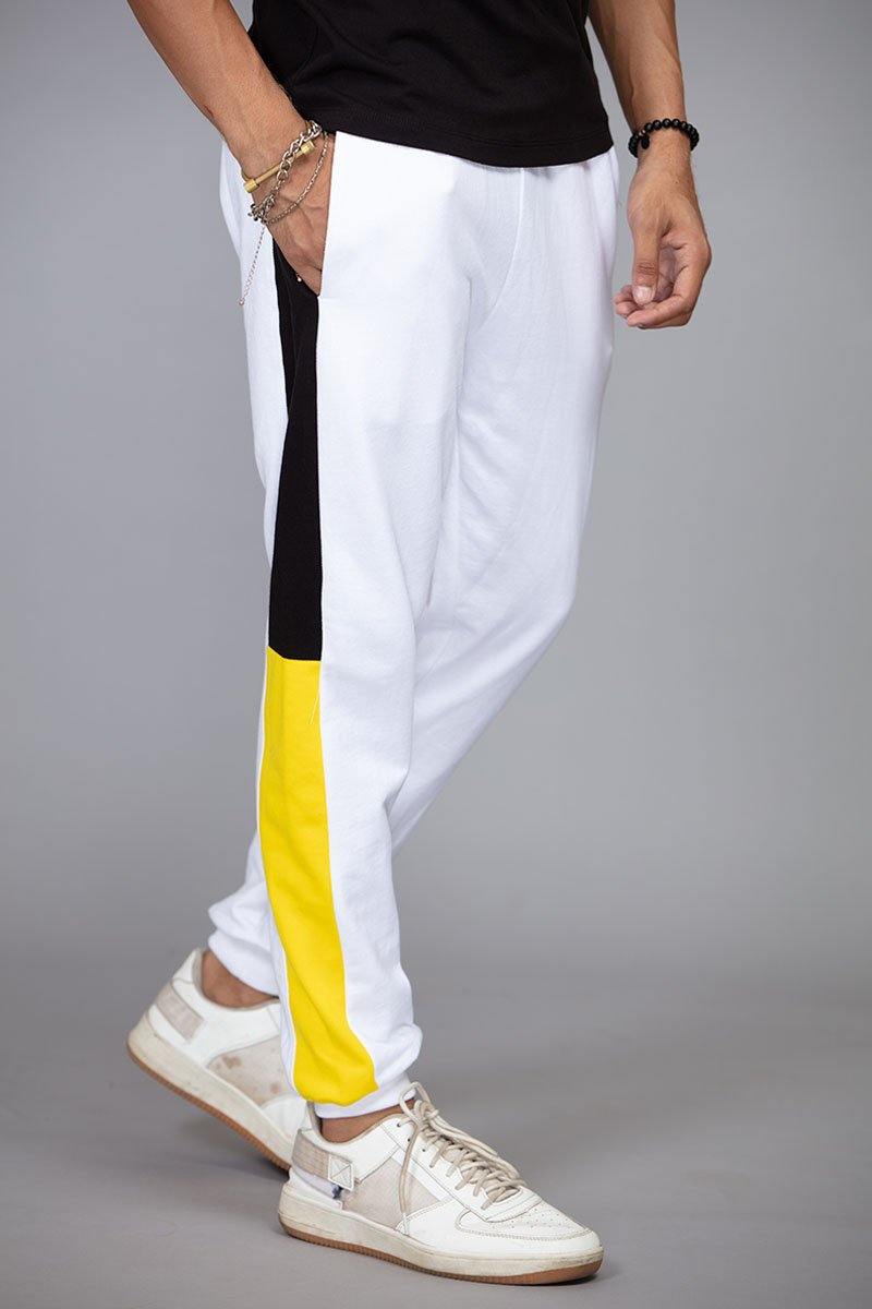 White with black and yellow relaxed cinched sweatpants - BuyZilla.pk