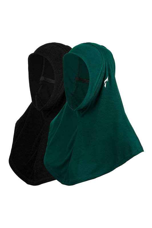 Flush Women's Pro Hijab Scarf Dri Fit Full Head Cover for Yoga, Running, Workout and Everyday Wear Black & Green (Pack of 2)