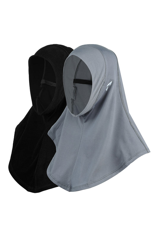 Flush Women's Pro Hijab Scarf Dri Fit Full Head Cover for Yoga, Running, Workout and Everyday Wear Black & Metallic Grey (Pack of 2)