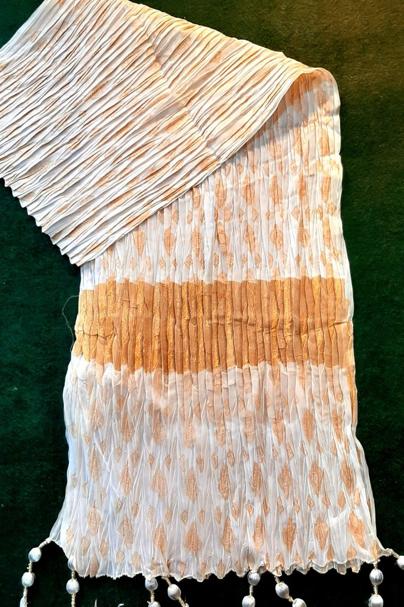 Block Print Crush Dupatta - With Tassels - Cotton Silk - Beige /Gold - ZD407