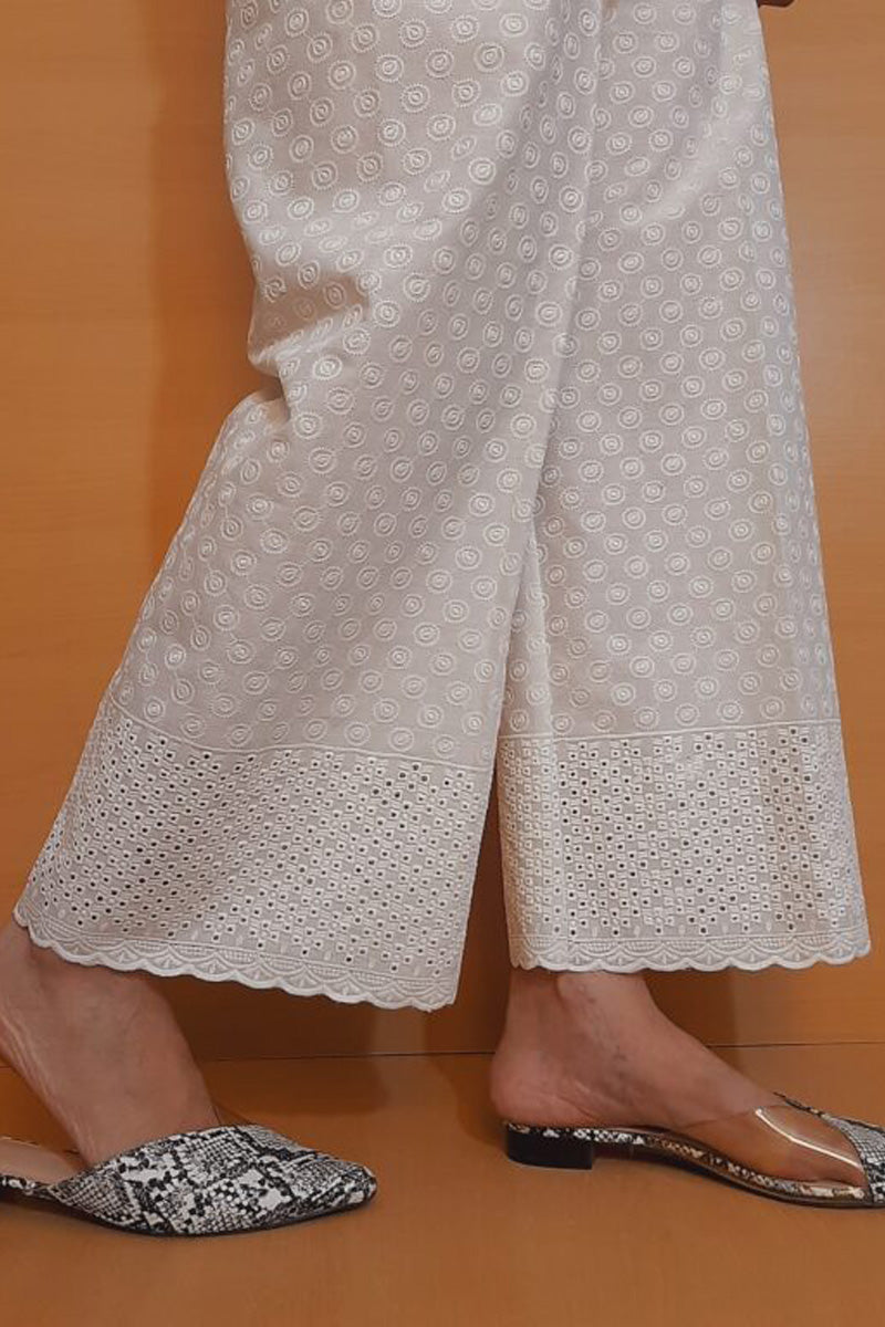 Chikankari Plazzo - Soft Cotton - White - ZT372