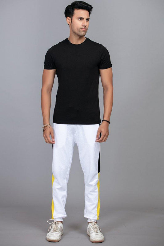 White with black and yellow relaxed cinched sweatpants - BuyZilla.pk