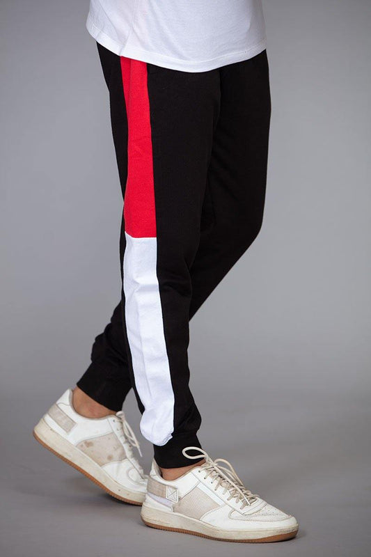 Black with red and white all purpose multi paneled joggers - BuyZilla.pk