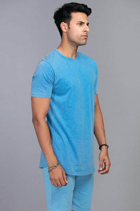 Blue custom fit sand wash long tee with rounded hem - BuyZilla.pk