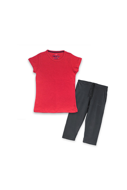 Allurepremium Girls T-Shirt Plain Red With Pajama