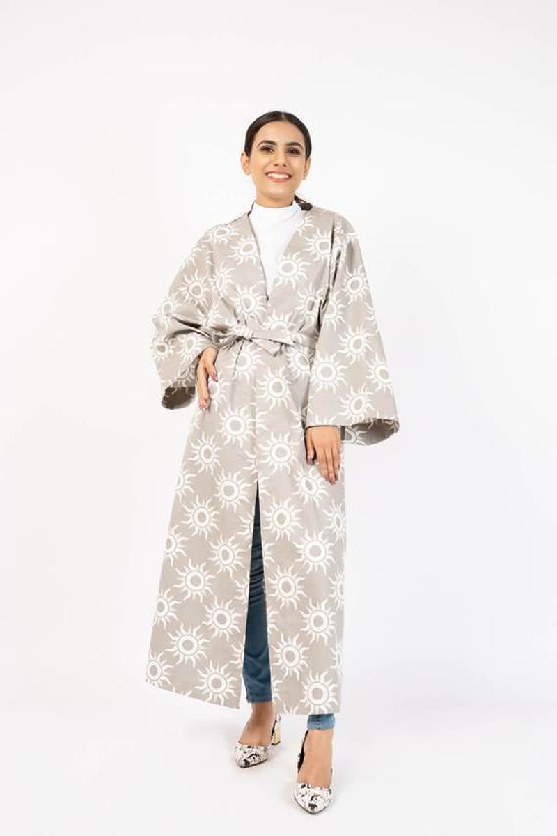 Belted Kimono - Grey Printed