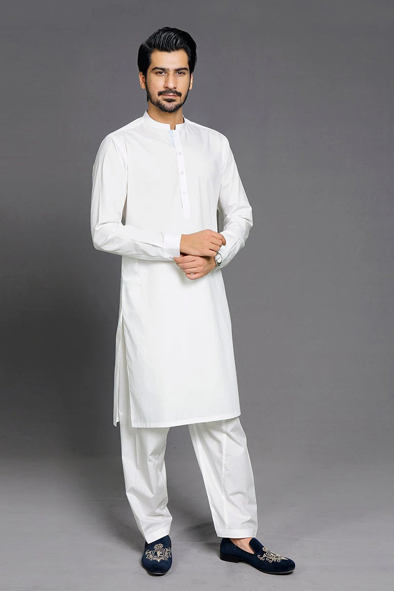 Shalwar Kameez, Premium 100% Egyptian Cotton, Off White, Ban