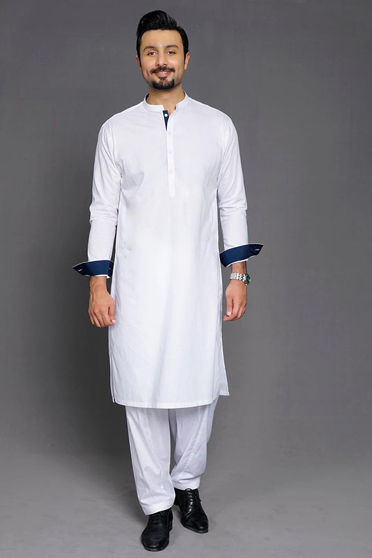 Shalwar Kameez, Premium 100% Egyptian Cotton, White, Ban