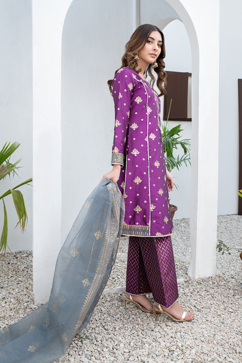 Festive 3 Piece Embroidered Printed Khaddi Silk Purple Suit