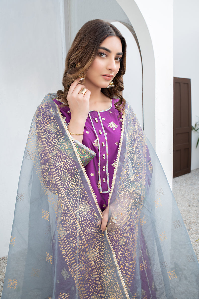 Festive 3 Piece Embroidered Printed Khaddi Silk Purple Suit