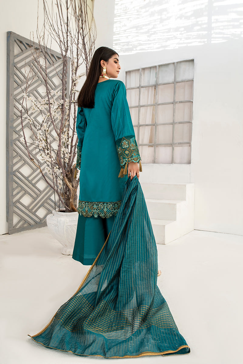 Unstitched Festive 3 Piece Embroidered Khaddi Silk Turquoise Green Suit