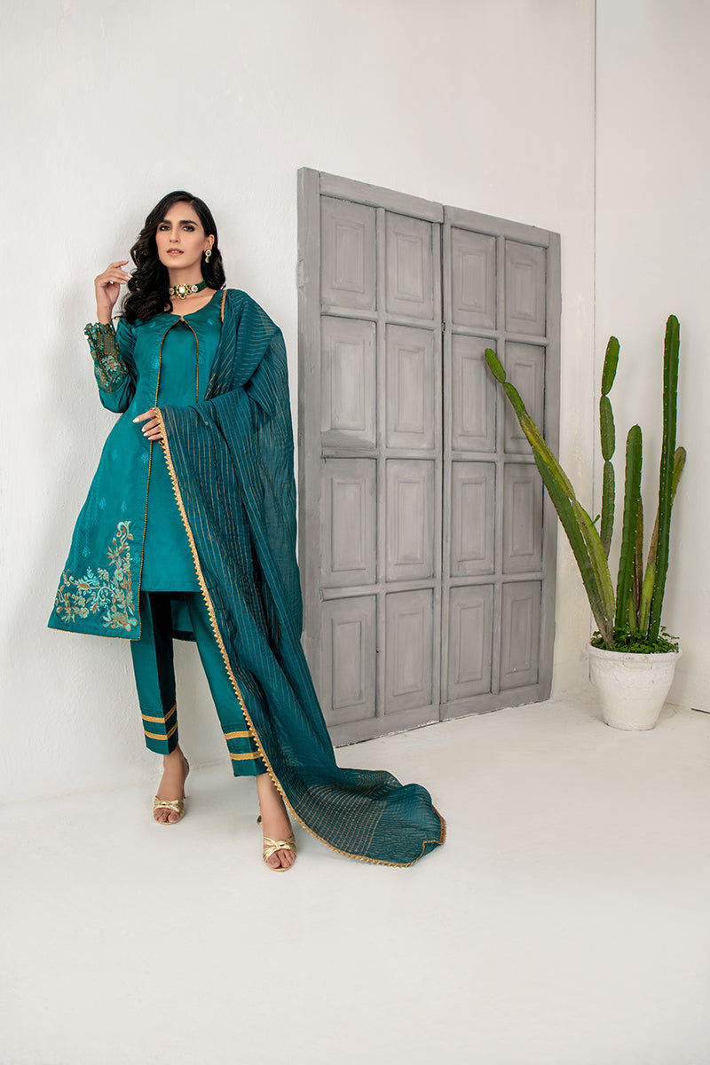 Unstitched Festive 3 Piece Embroidered Khaddi Silk Turquoise Green Suit
