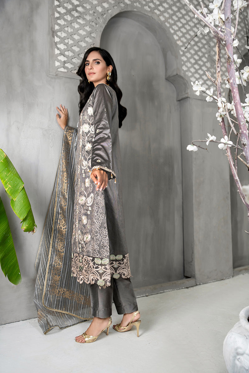 Unstitched Festive 3 Piece Embroidered Khaddi Silk Grey Suit