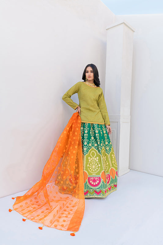 Festive Mehndi 4 Piece Embroidered Indian Silk Parrot Green Lehenga Suit