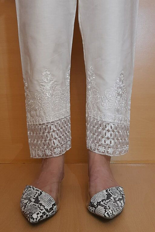 Embroided Trouser - White - Cotton - ZT308