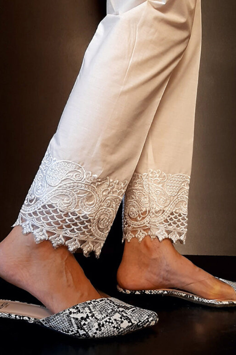 Embroided Trouser - White - Cotton - ZT220