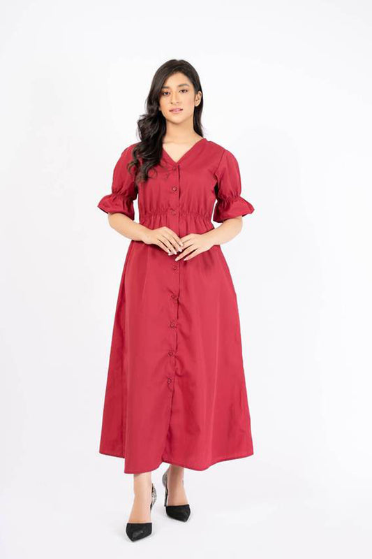 Front Button Maxi Dress - Maroon