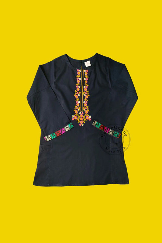 Navy Embroidered Baby Girl Summer Lawn Kurti Top