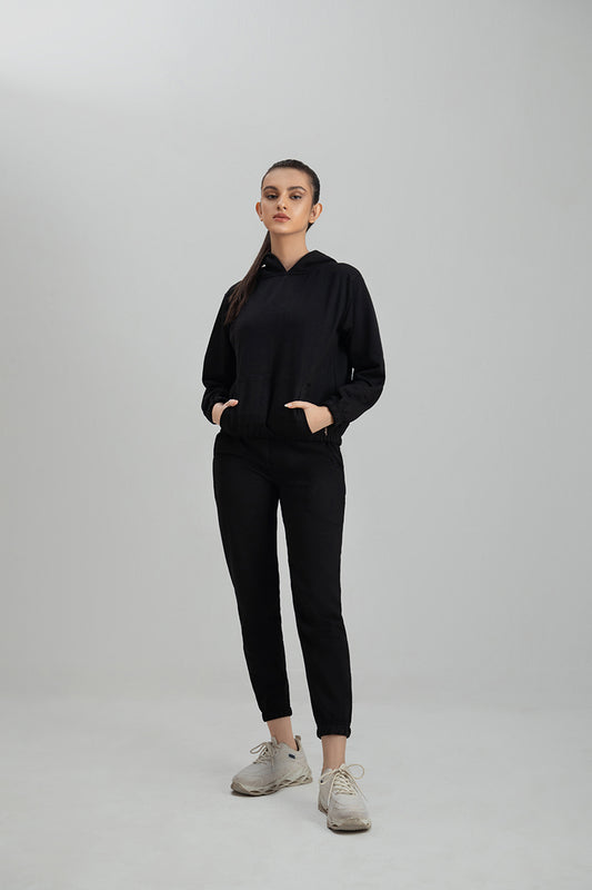 Tracksuit Black Crop Style with Warm Hoodie and Pants