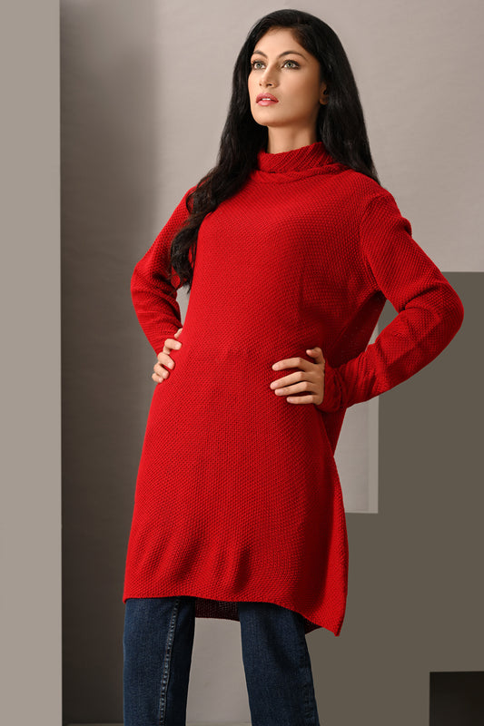 Lds-A1542 Long Turtle Neck Sweater Red