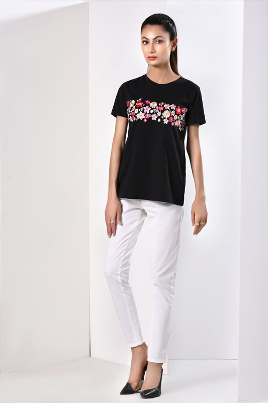 Round Neck Embroidered T-Shirt Black Lds-A1604