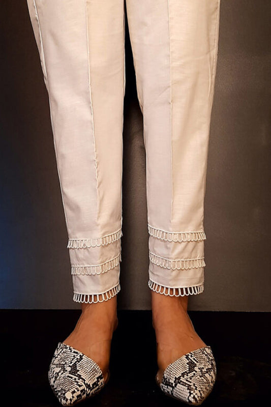 Lace Embelished Trouser - Cotton - White - ZT296