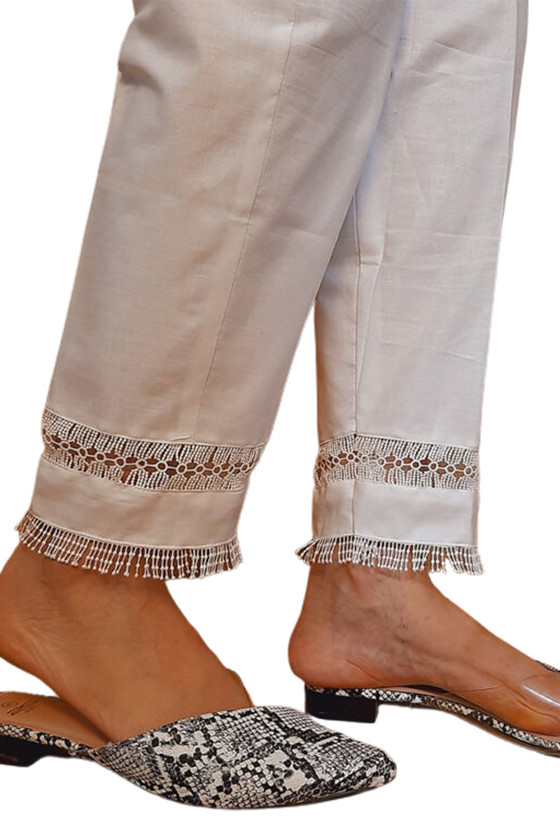 Laces Embellished Cotton Trouser - White - ZT346