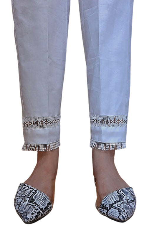 Laces Embellished Cotton Trouser - White - ZT346