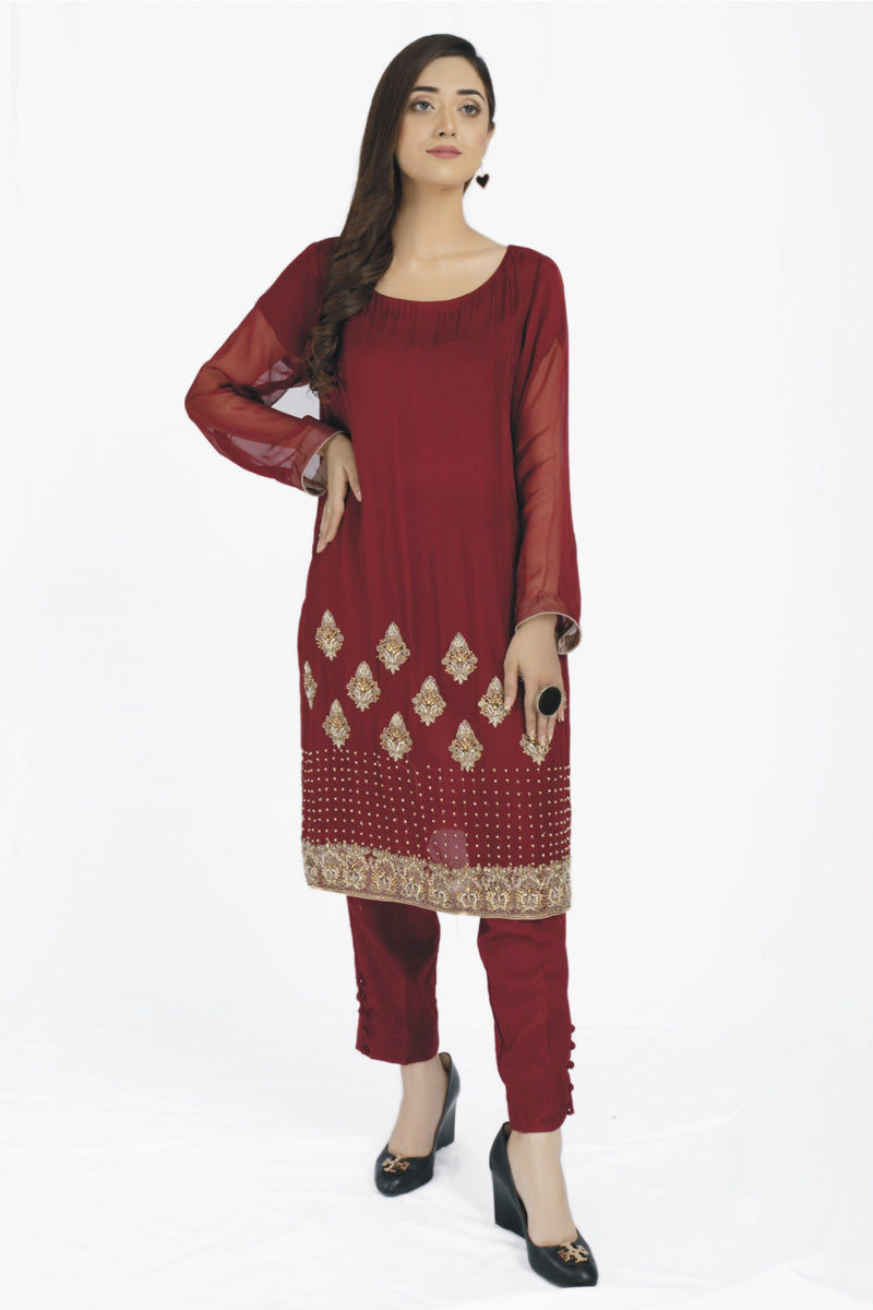 Chiffon Red Suit With Embellished Border Design (2 Piece Suit)