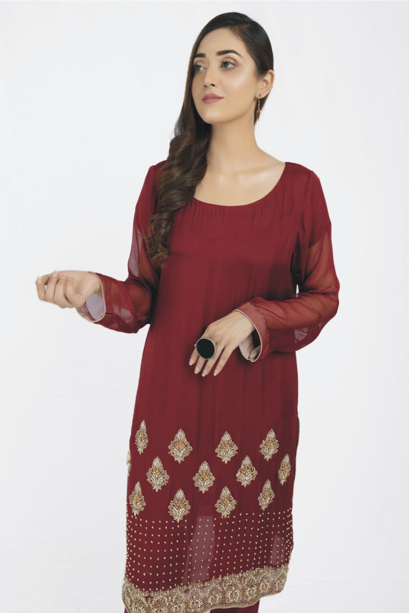 Chiffon Red Suit With Embellished Border Design (2 Piece Suit)