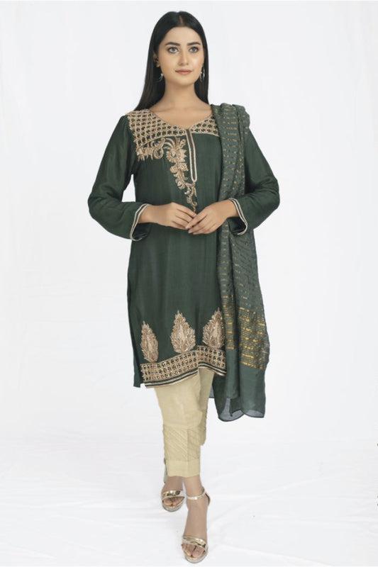 Green Cotton Net Zardosi Work (2 Piece Suit)