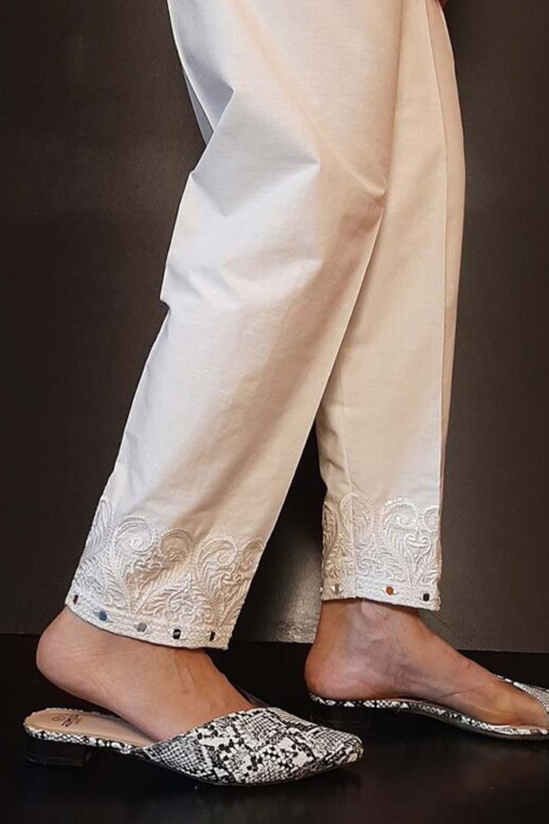 Mirror Work - Embroided Cotton Trouser - White - ZT288